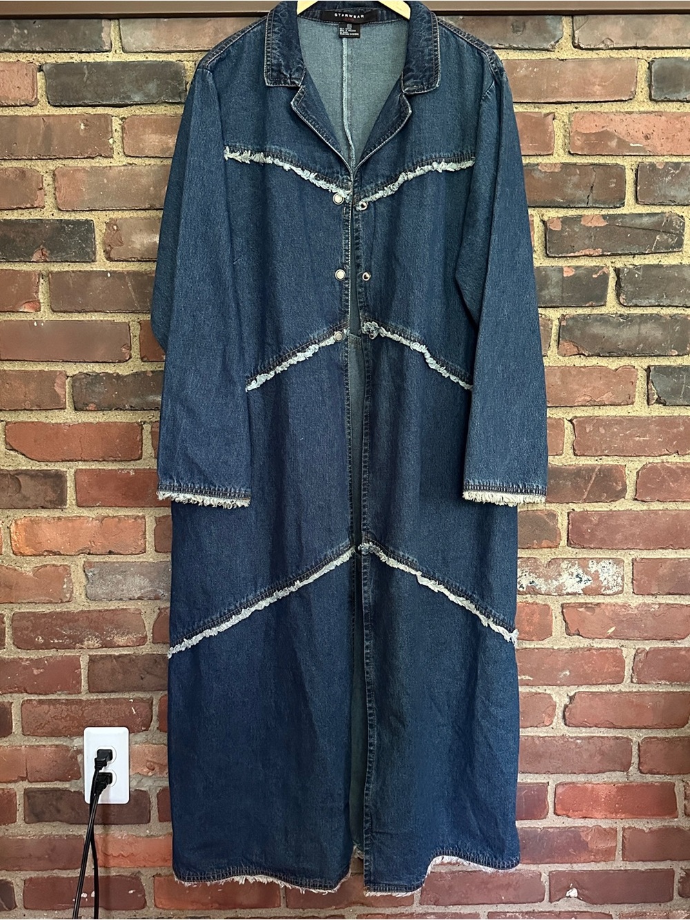 Vtg STARWEAR denim fringe raw hem maxi dress topper snap buttons plus size 3X